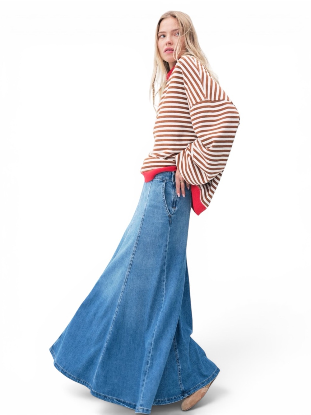 We The Free Blue Denim Flared Maxi Jeans